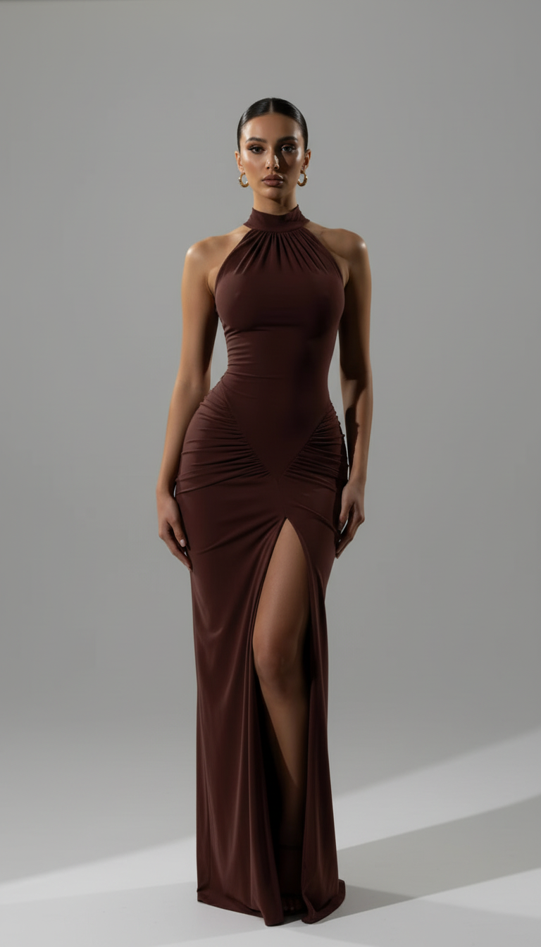 Długa sukienka z marszczeniami i wysokim halterem oraz przednim rozcięciem