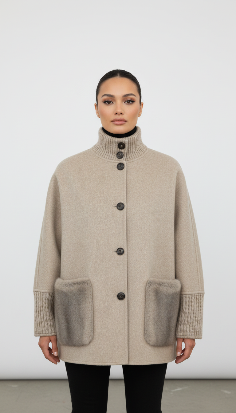 Kurtka oversize z wełnianej mieszanki z wysokim kołnierzem i kieszeniami ze sztucznego futerka