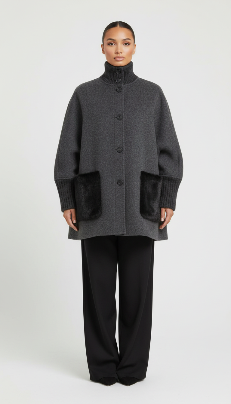 Kurtka oversize z wełnianej mieszanki z wysokim kołnierzem i kieszeniami ze sztucznego futerka