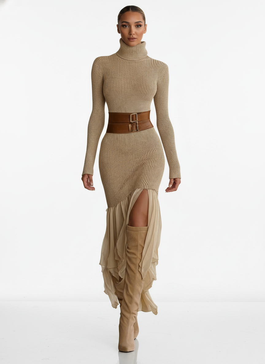 Beżowa dzianinowa sukienka maxi z golfem i falbanistym dołem