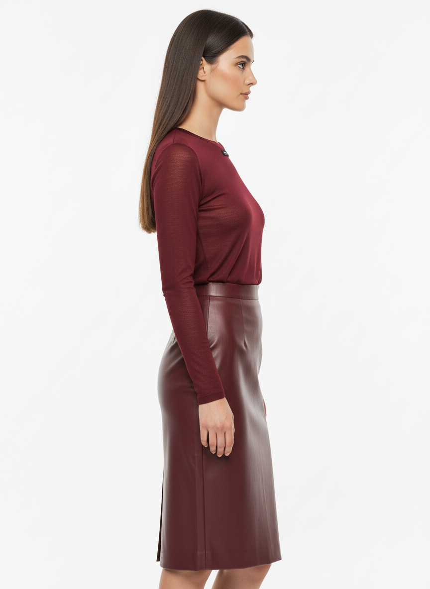 Bordowa długa spódnica z eko skóry o prostym kroju