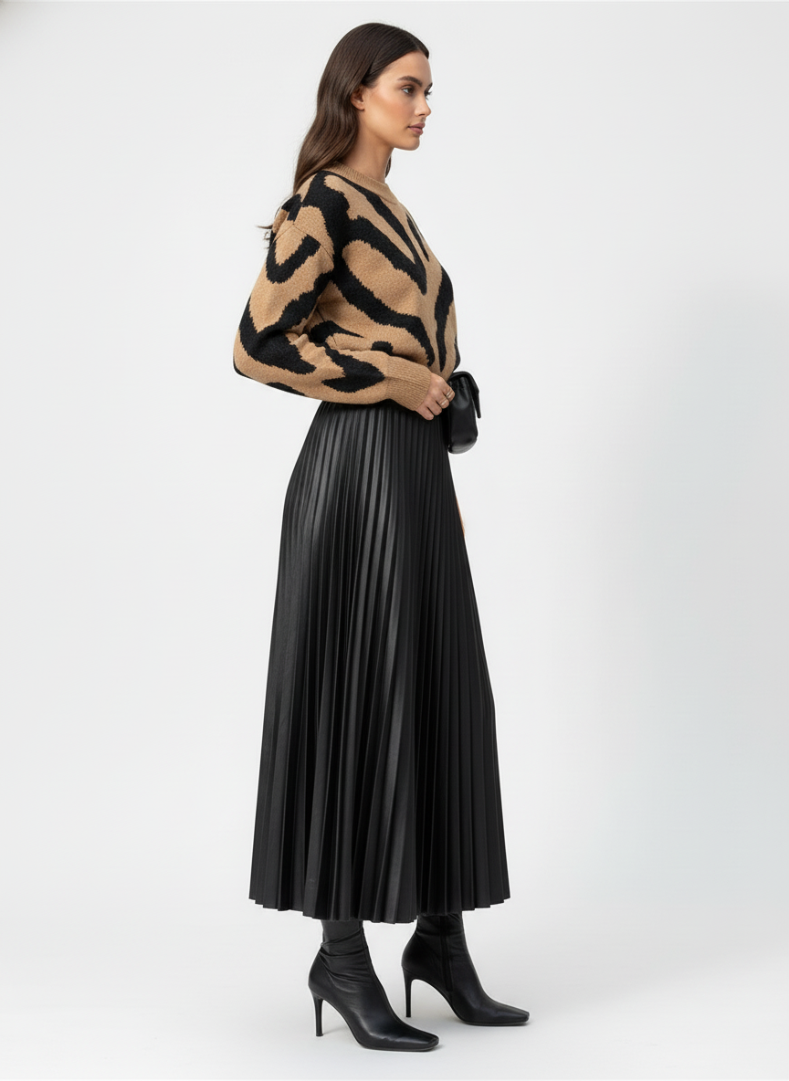 Plisowana spódnica midi z imitacji skóry o podwyższonej talii