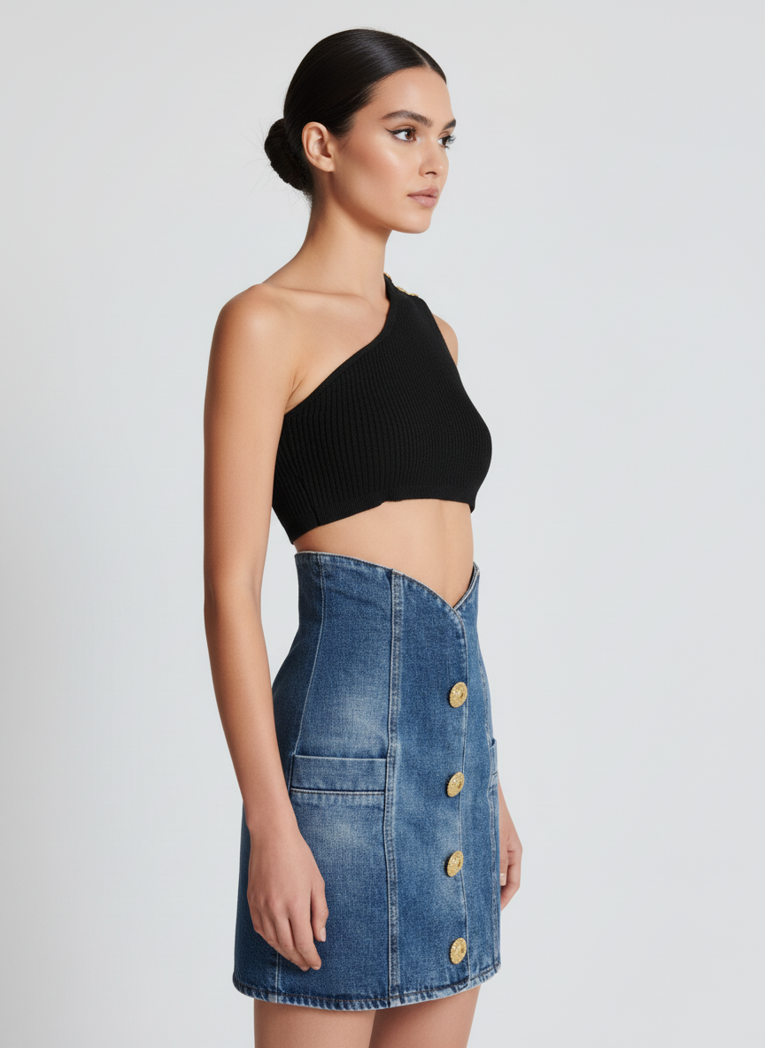 Niebieska denimowa mini spódnica z wysokim stanem i guzikami w złotym odcieniu