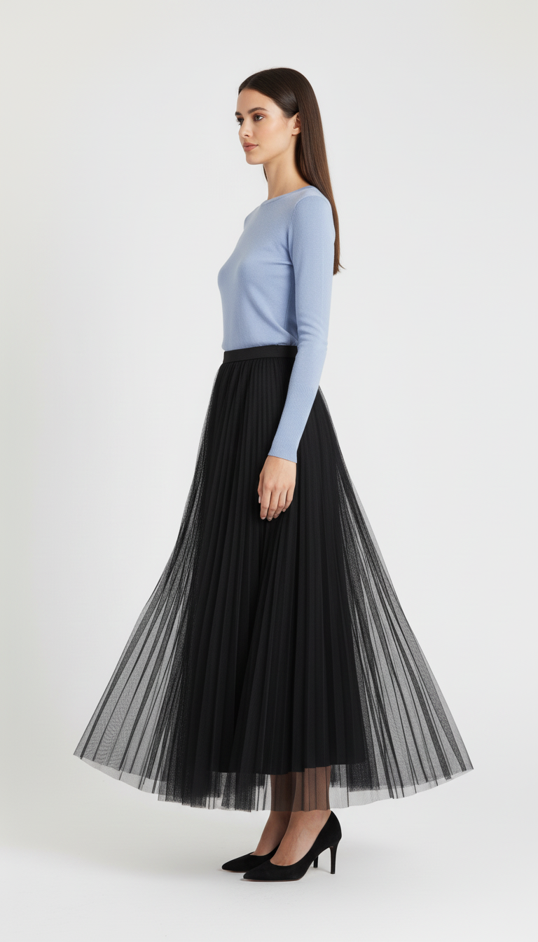 Warstwowa tiulowa spódnica midi z wysokim stanem