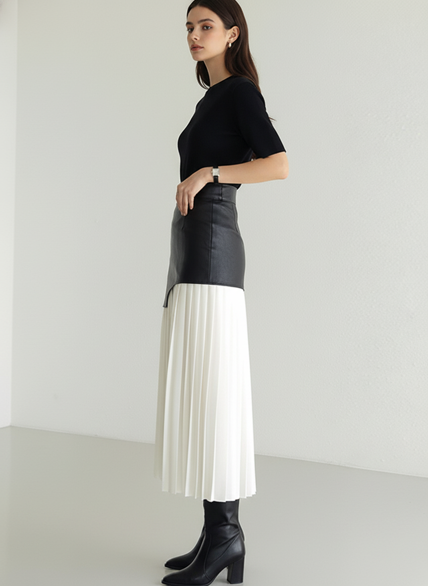 Asymetryczna długa spódnica z ekoskóry i plisowanego szyfonu