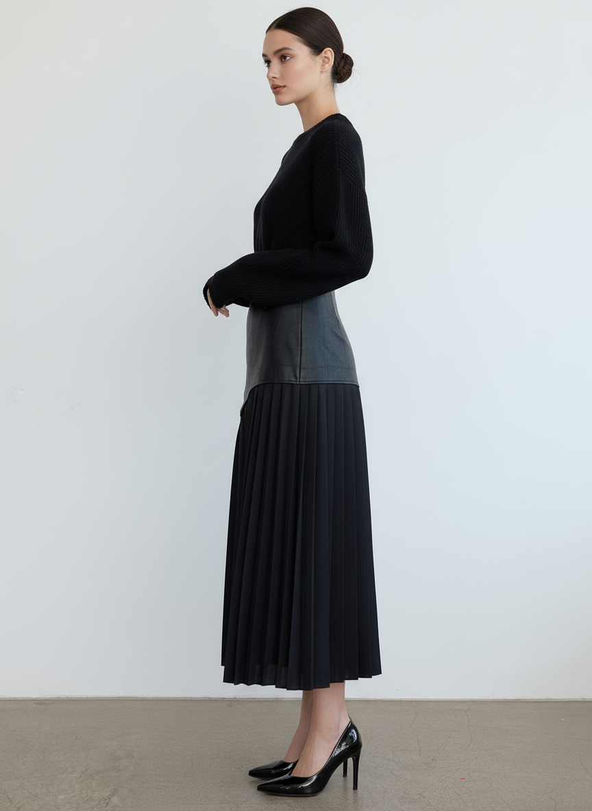 Asymetryczna długa spódnica z ekoskóry i plisowanego szyfonu