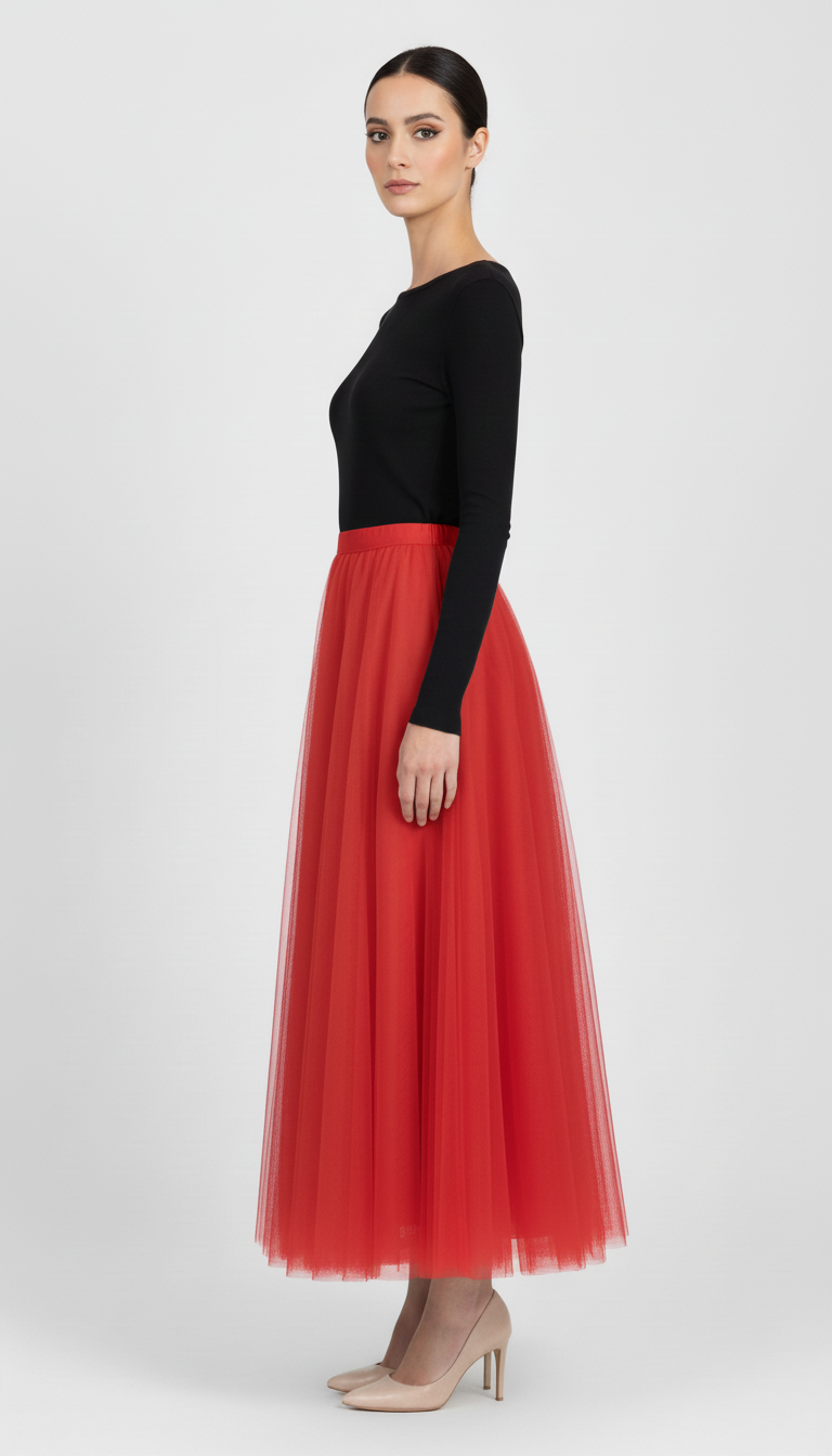 Warstwowa tiulowa spódnica midi z wysokim stanem