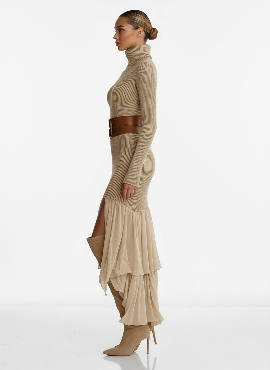 Beżowa dzianinowa sukienka maxi z golfem i falbanistym dołem