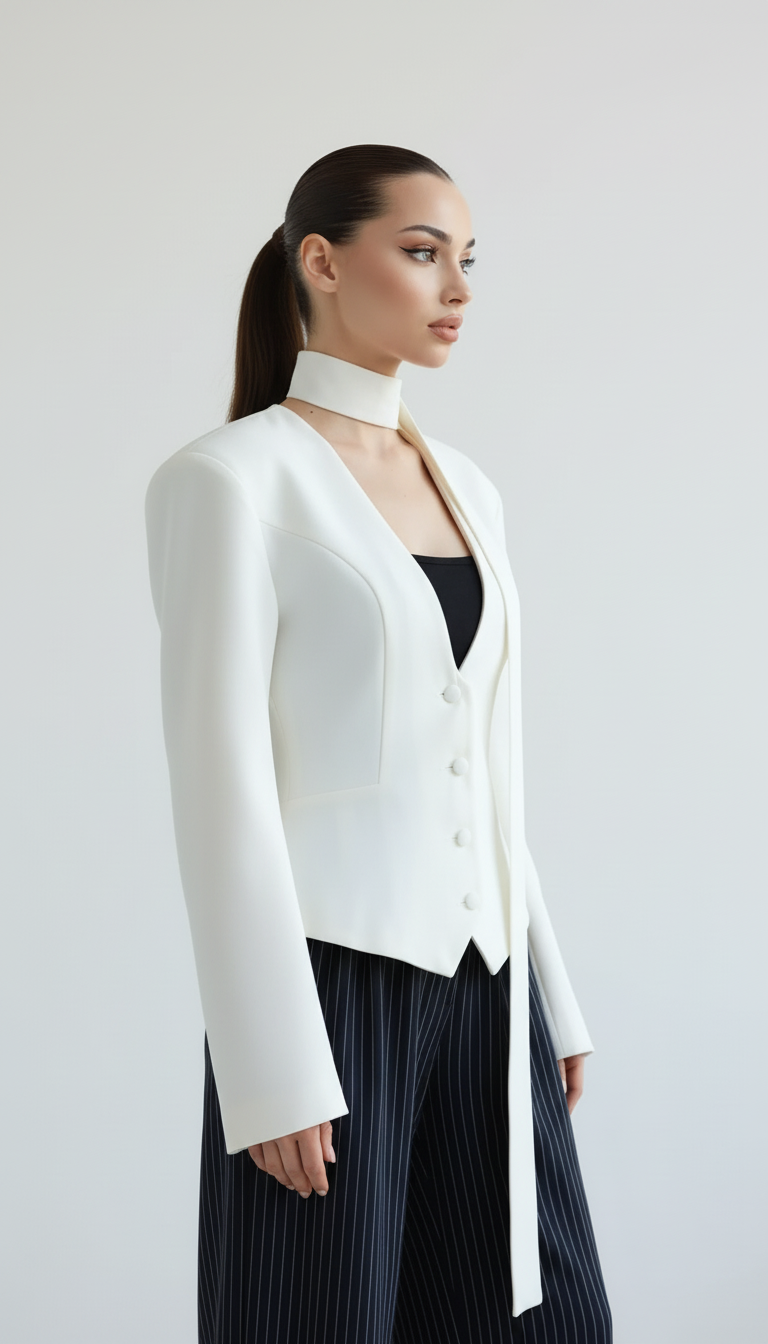 Marynarka z głębokim dekoltem V i dopasowanym szalem z tej samej tkaniny