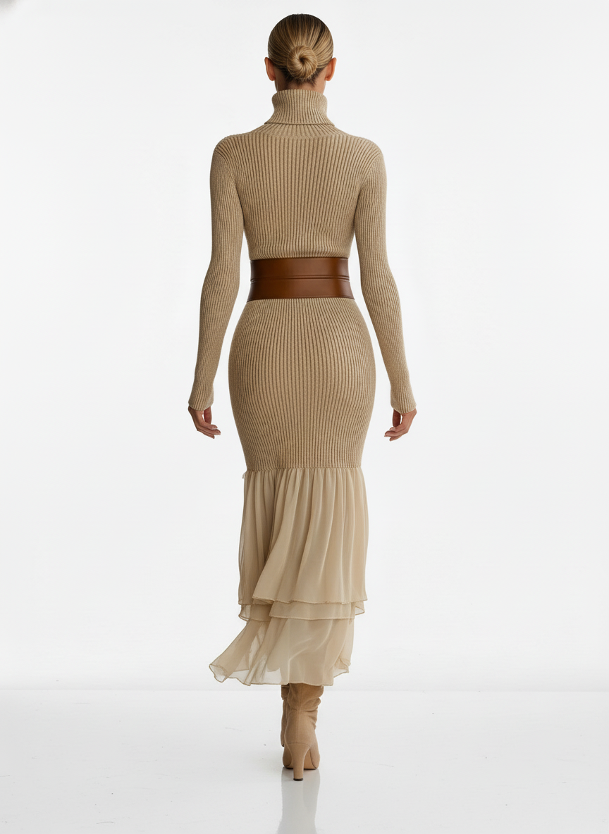 Beżowa dzianinowa sukienka maxi z golfem i falbanistym dołem