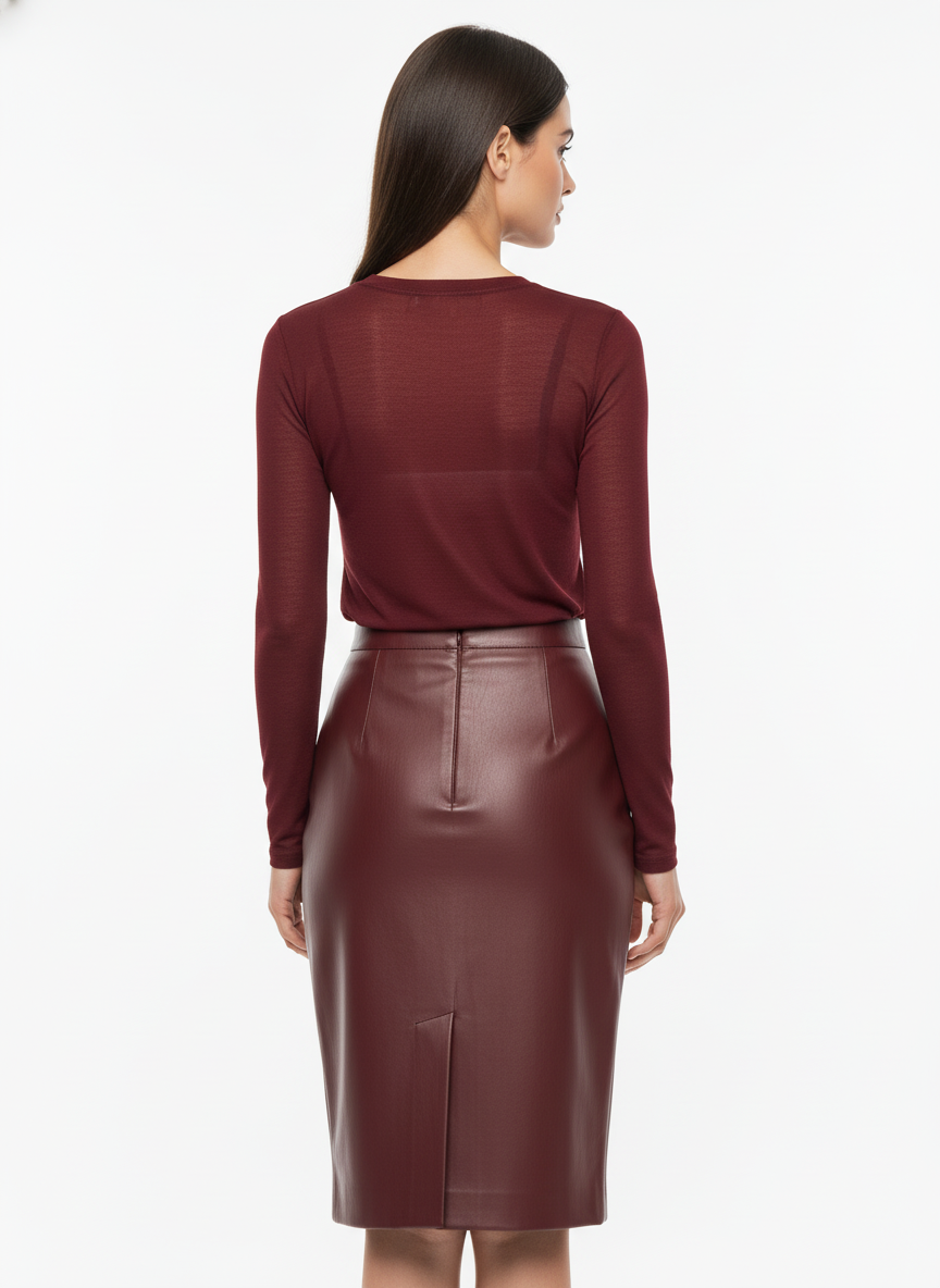 Bordowa długa spódnica z eko skóry o prostym kroju