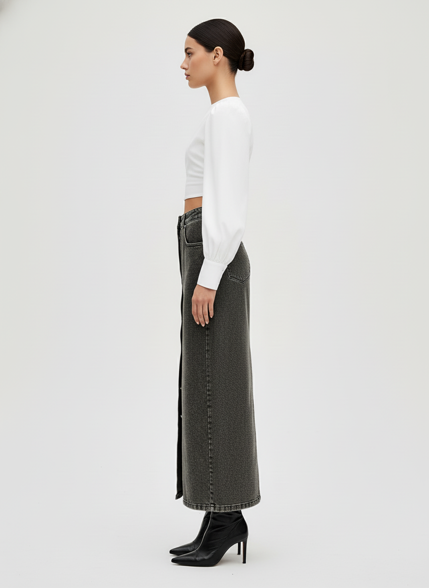 Długa spódnica maxi z denimu w ciemnoszarym kolorze z guzikami z przodu
