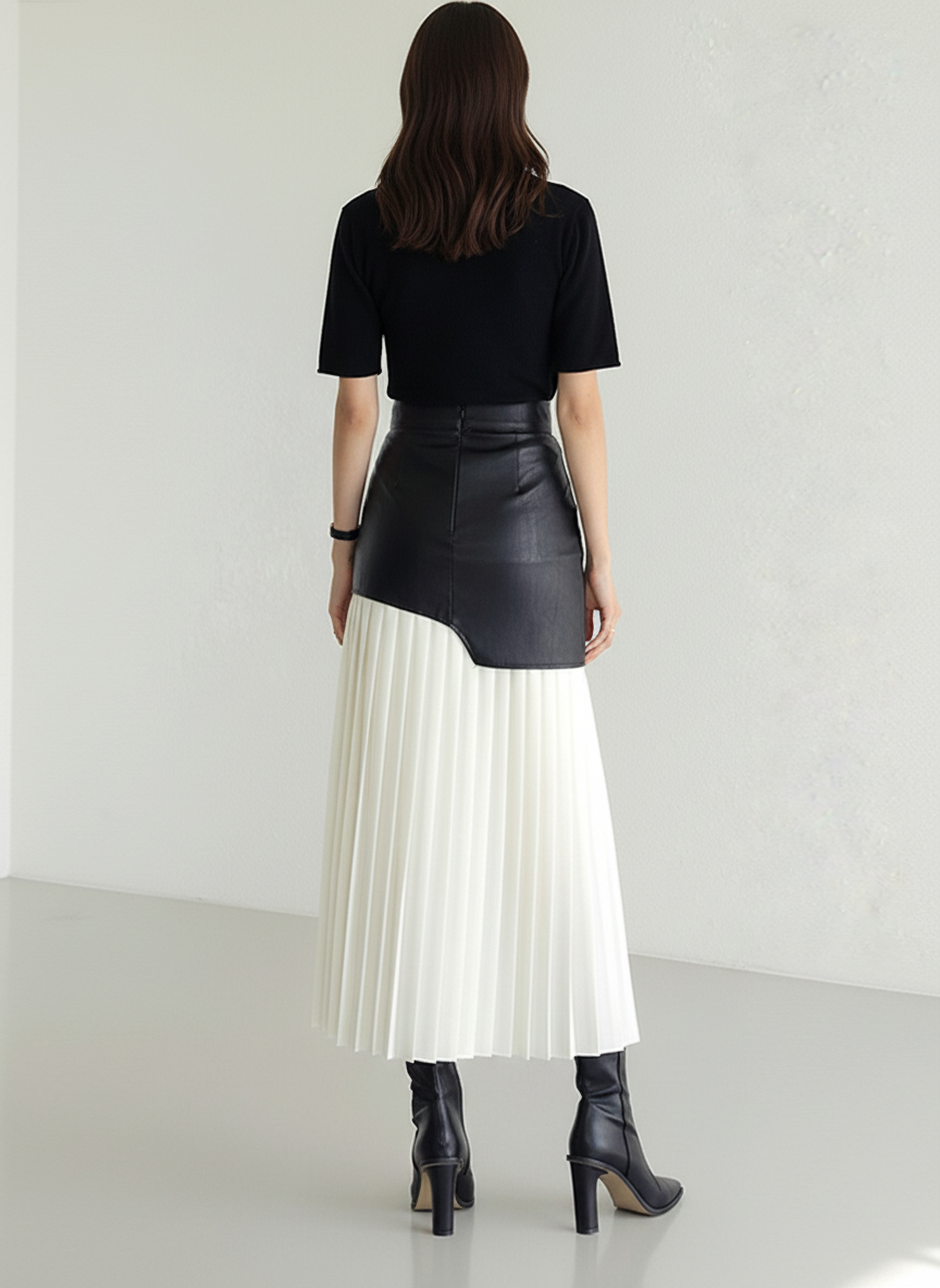 Asymetryczna długa spódnica z ekoskóry i plisowanego szyfonu