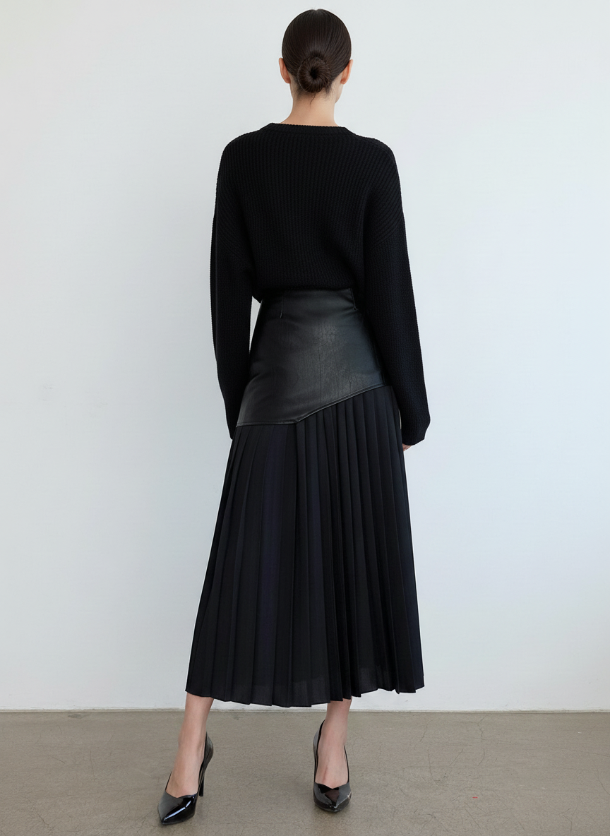 Asymetryczna długa spódnica z ekoskóry i plisowanego szyfonu