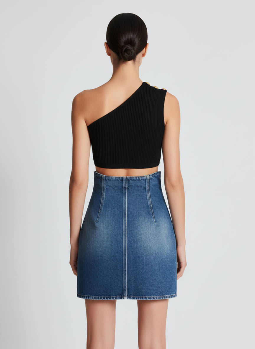 Niebieska denimowa mini spódnica z wysokim stanem i guzikami w złotym odcieniu