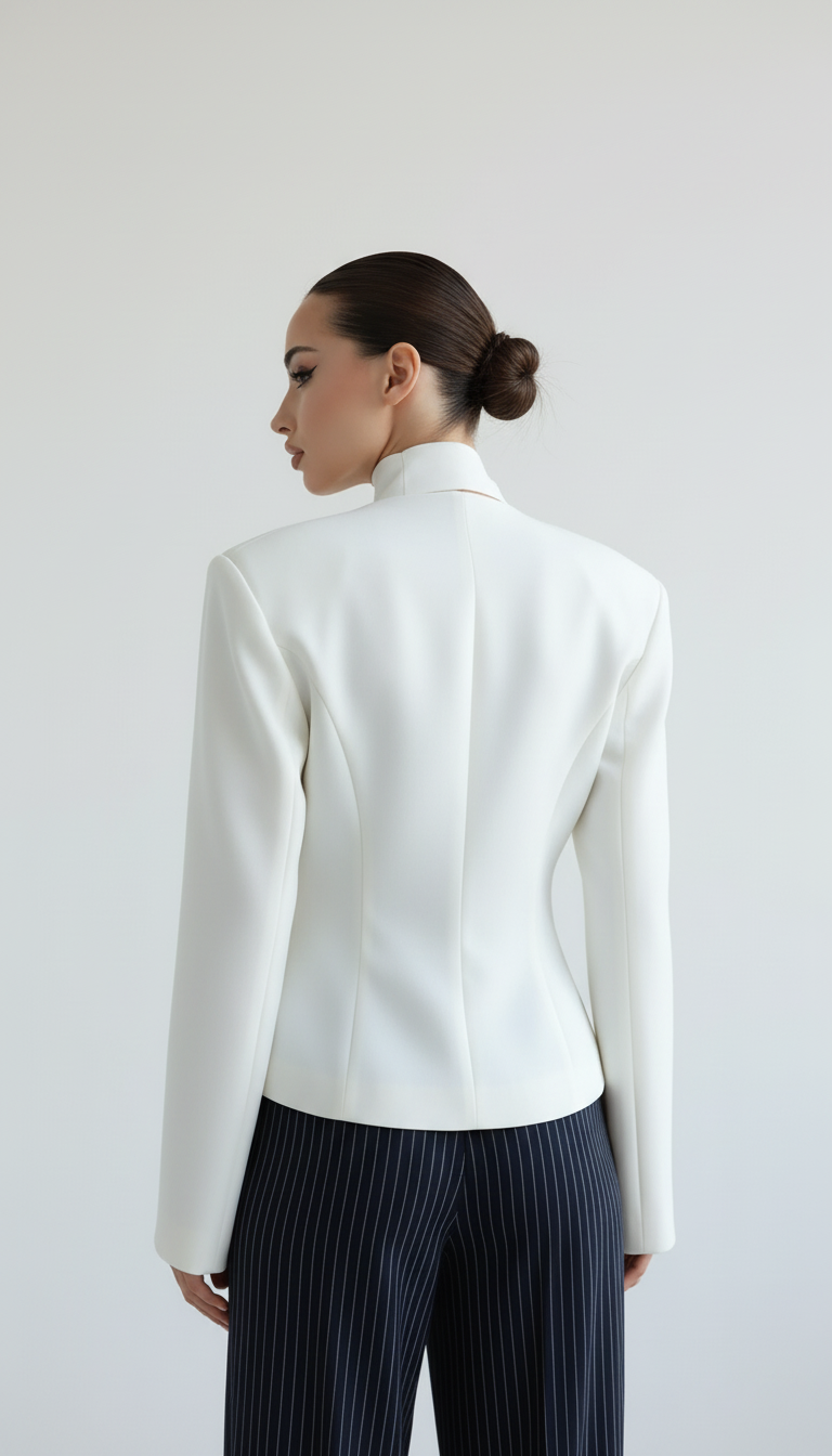 Marynarka z głębokim dekoltem V i dopasowanym szalem z tej samej tkaniny