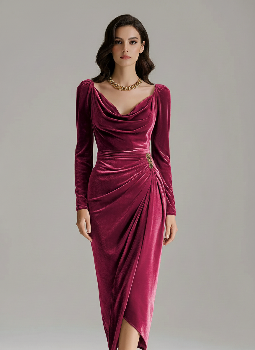 Aksamitna sukienka midi z dekoltem kaskadowym i bocznym detalem