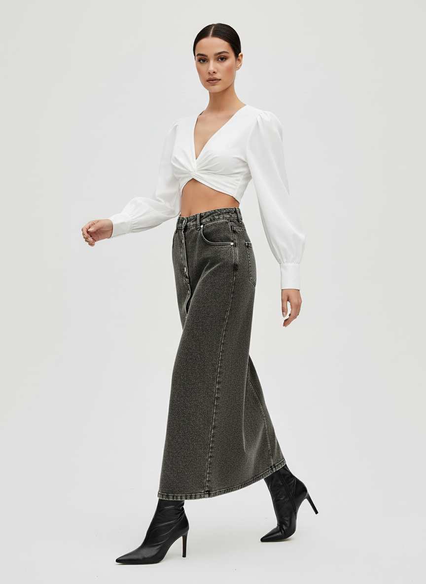 Długa spódnica maxi z denimu w ciemnoszarym kolorze z guzikami z przodu