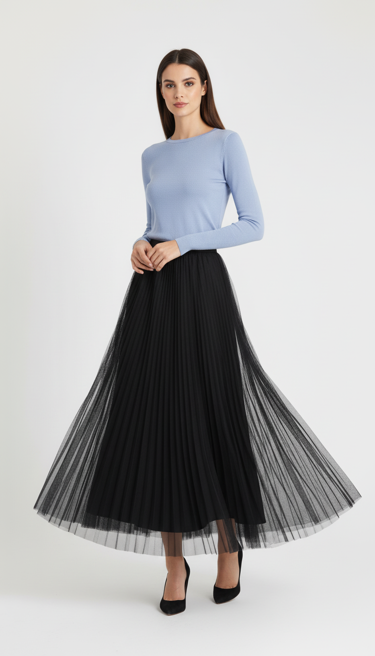 Warstwowa tiulowa spódnica midi z wysokim stanem