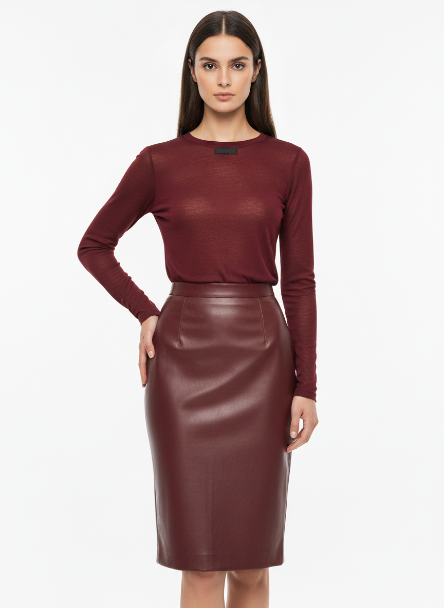 Bordowa długa spódnica z eko skóry o prostym kroju