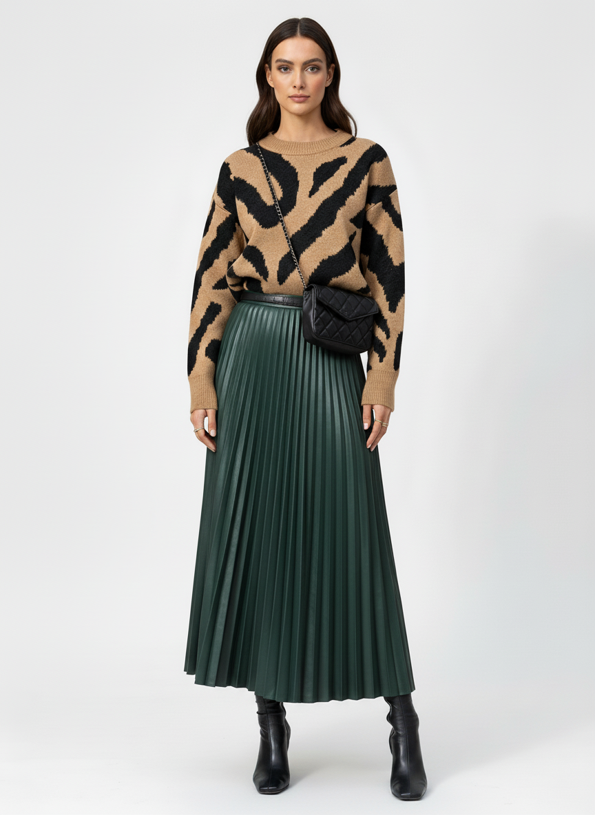 Plisowana spódnica midi z imitacji skóry o podwyższonej talii