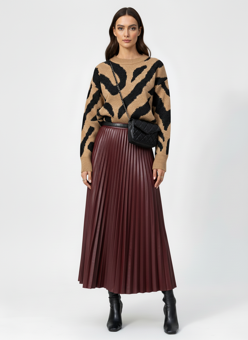 Plisowana spódnica midi z imitacji skóry o podwyższonej talii