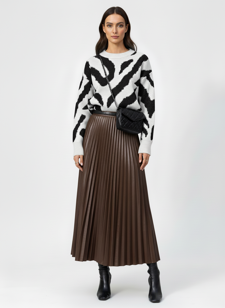 Plisowana spódnica midi z imitacji skóry o podwyższonej talii