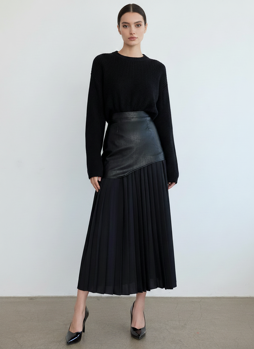 Asymetryczna długa spódnica z ekoskóry i plisowanego szyfonu