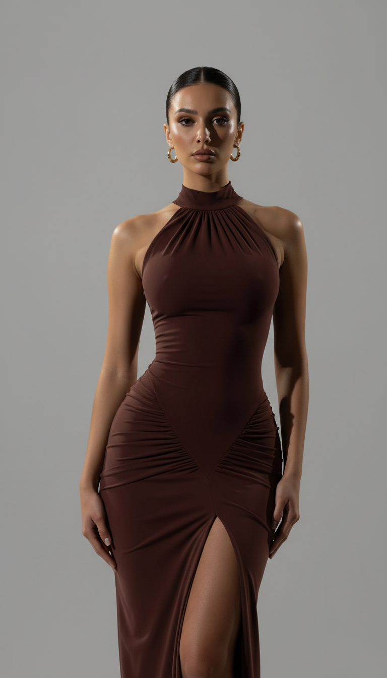 Długa sukienka z marszczeniami i wysokim halterem oraz przednim rozcięciem