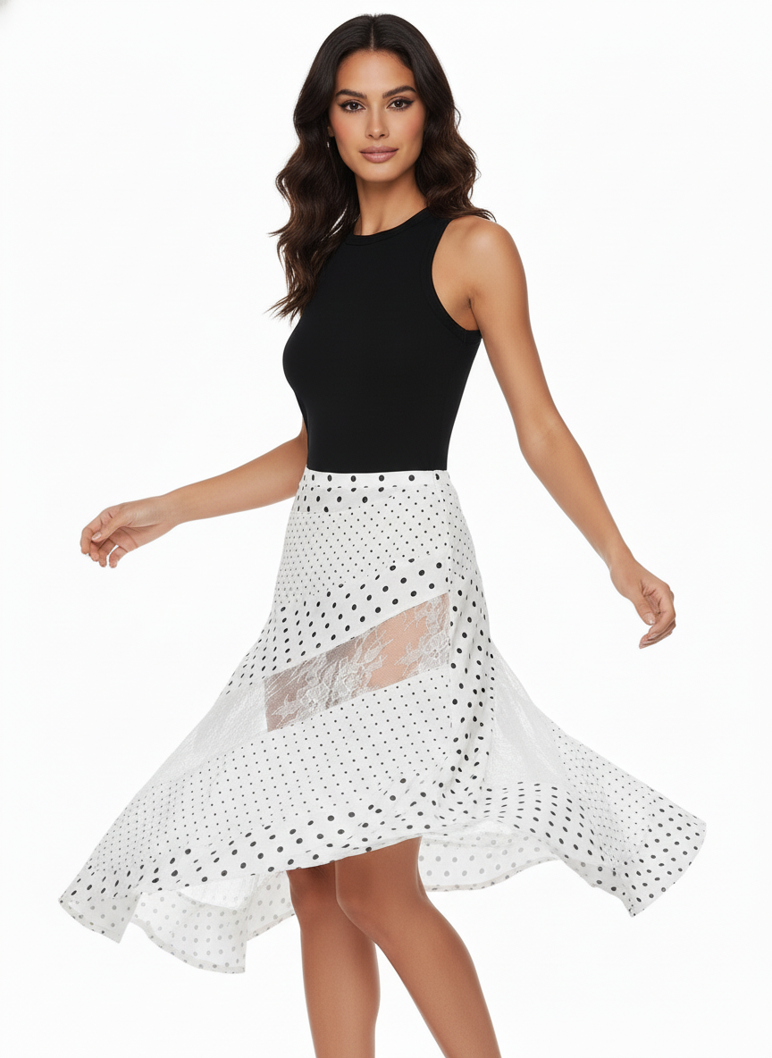 Biała spódnica midi w czarne kropki z koronkowym panelem
