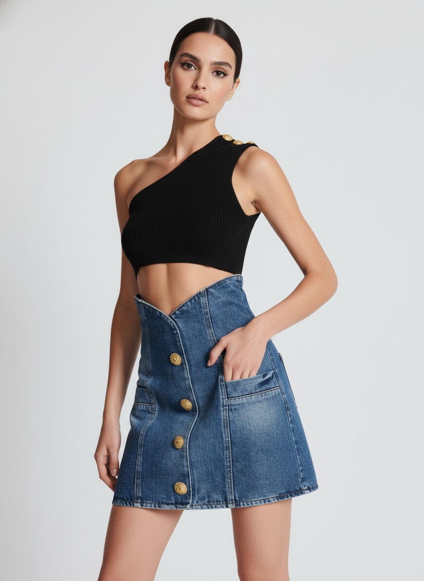 Niebieska denimowa mini spódnica z wysokim stanem i guzikami w złotym odcieniu