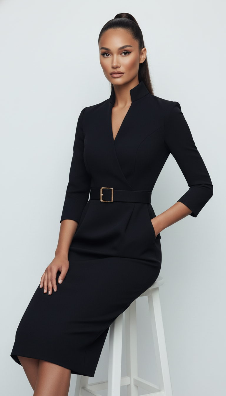 Sukienka ołówkowa midi z paskiem i kołnierzem