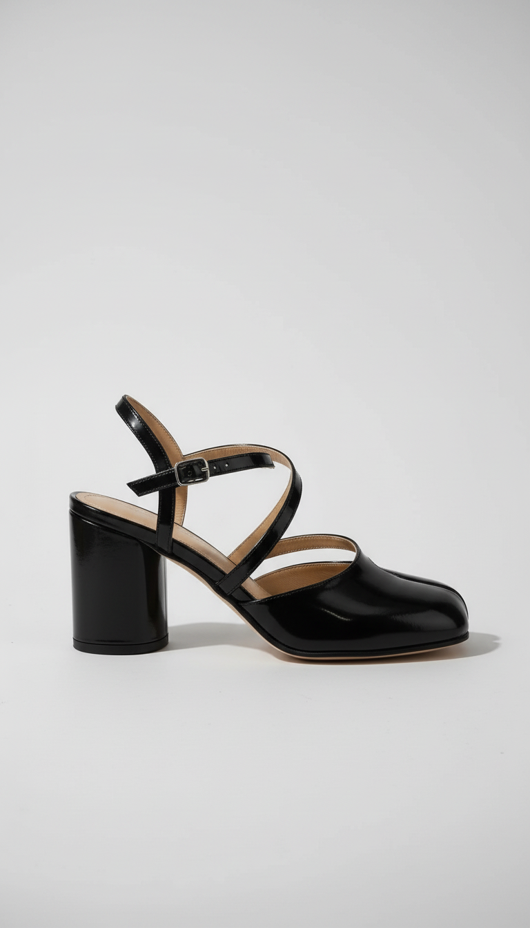 Czółenka na słupku typu tabi z paskami na krzyż z zaokrąglonym noskiem i rozcięciem z przodu