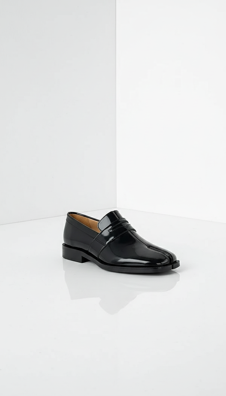 Czarne loafersy tabi na niskim obcasie z gładką połyskującą cholewką