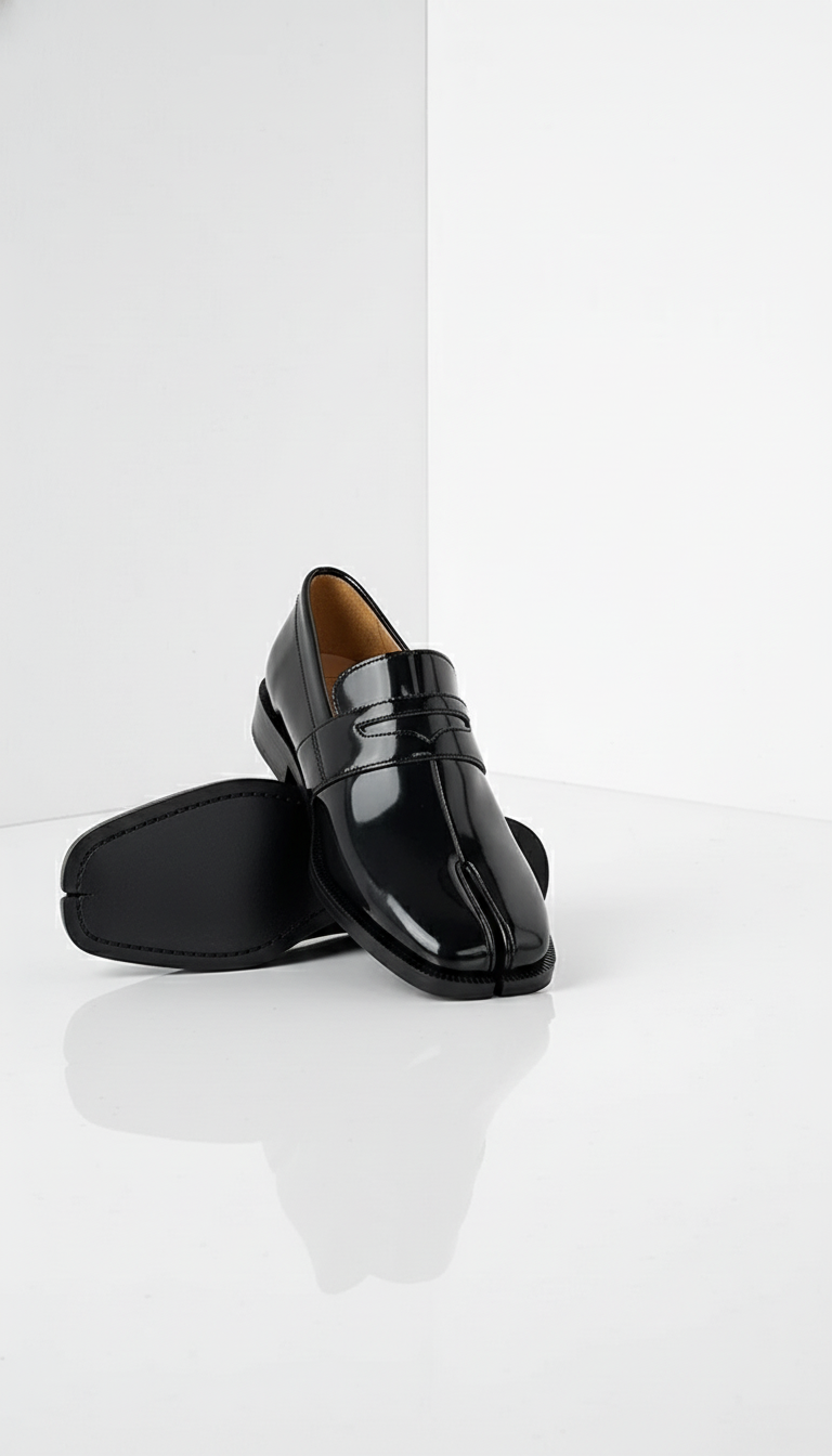 Czarne loafersy tabi na niskim obcasie z gładką połyskującą cholewką