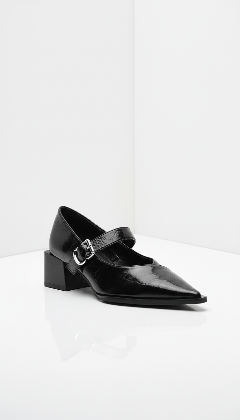 Czółenka na słupku z ostrym noskiem z paskiem i klamrą