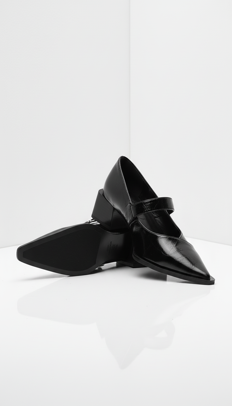 Czółenka na słupku z ostrym noskiem z paskiem i klamrą