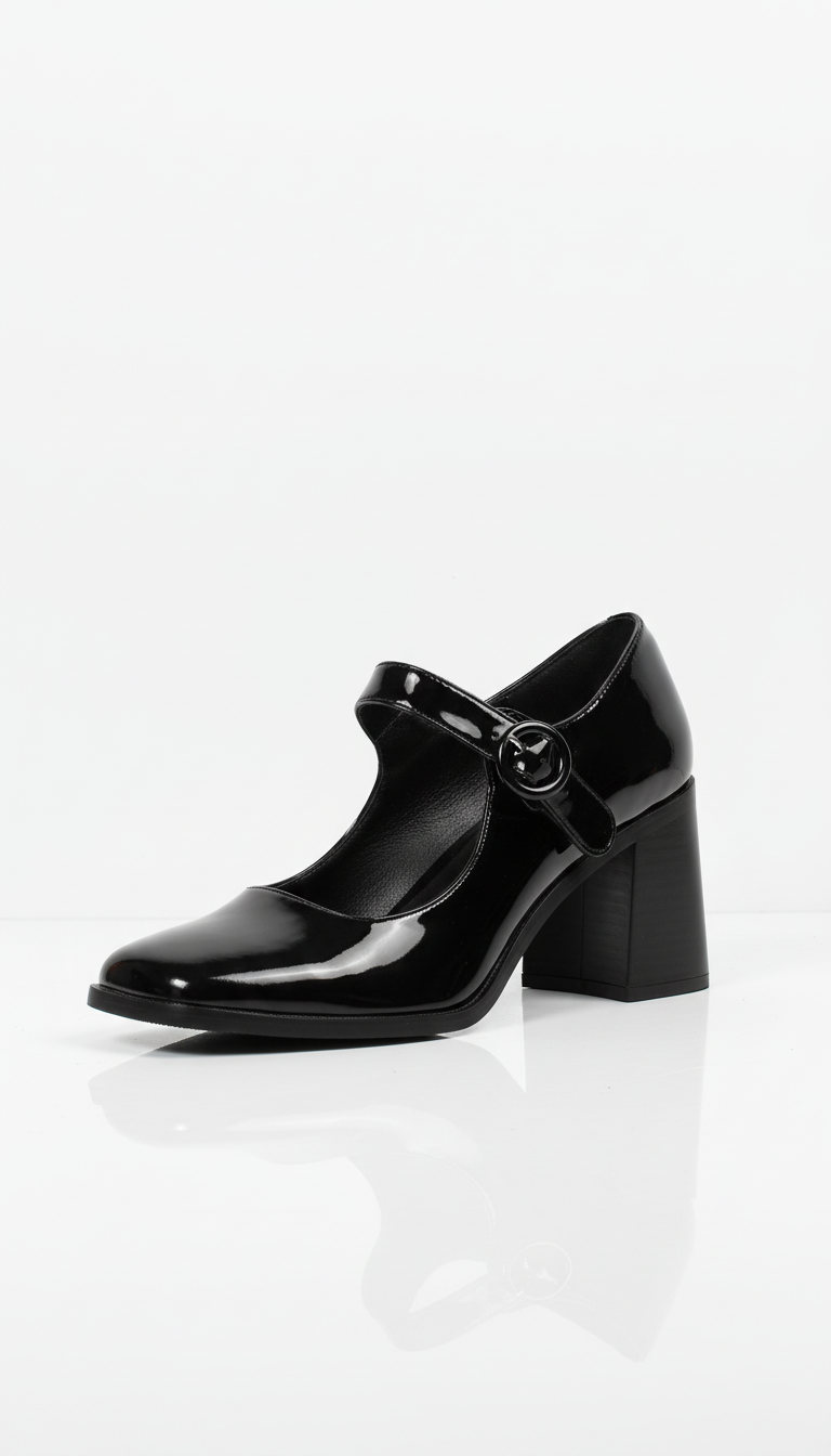 Czółenka Mary Jane na słupku z paskiem i klamrą