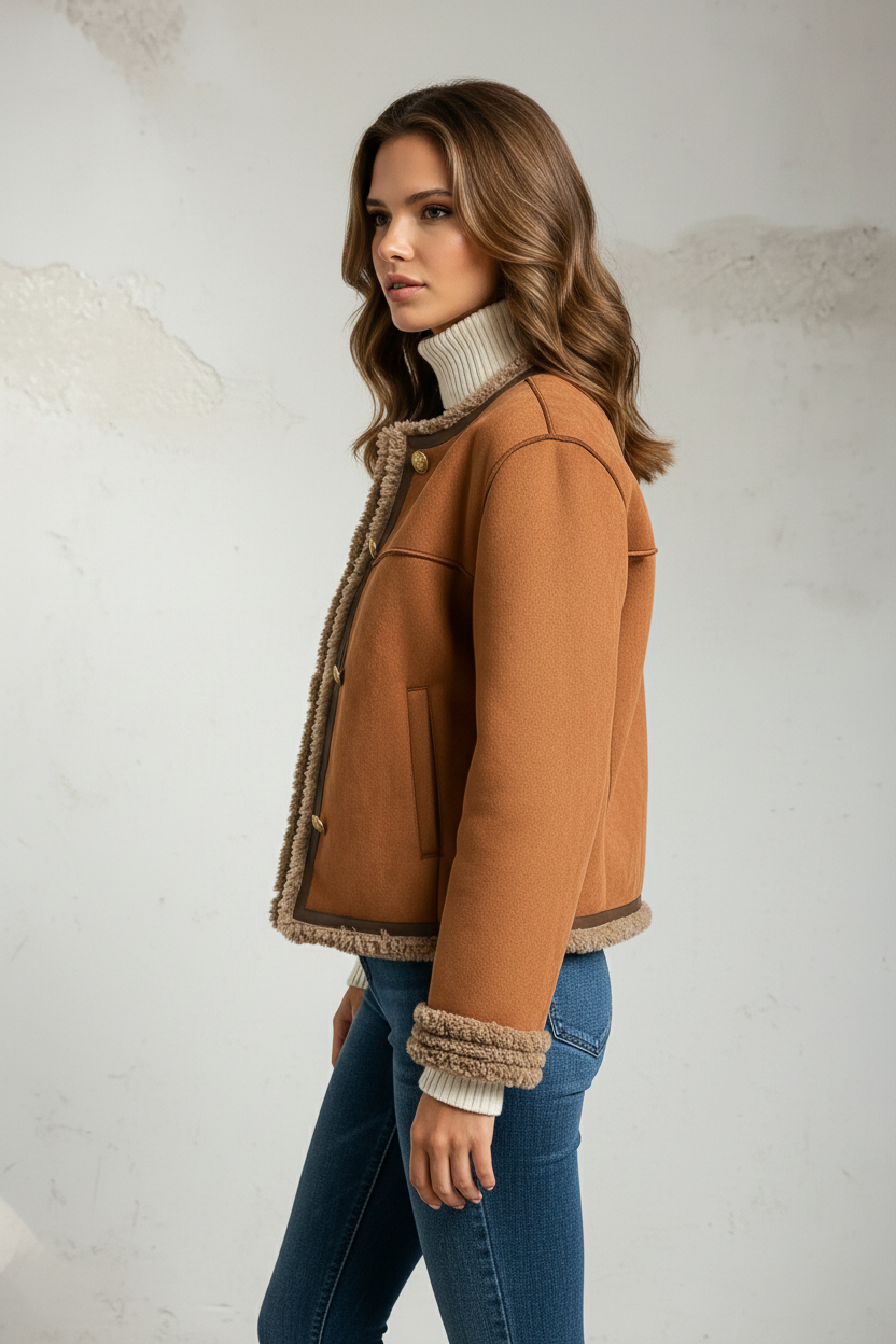 Krótka brązowa kurtka z pluszowymi wykończeniami i guziczkowym zapięciem