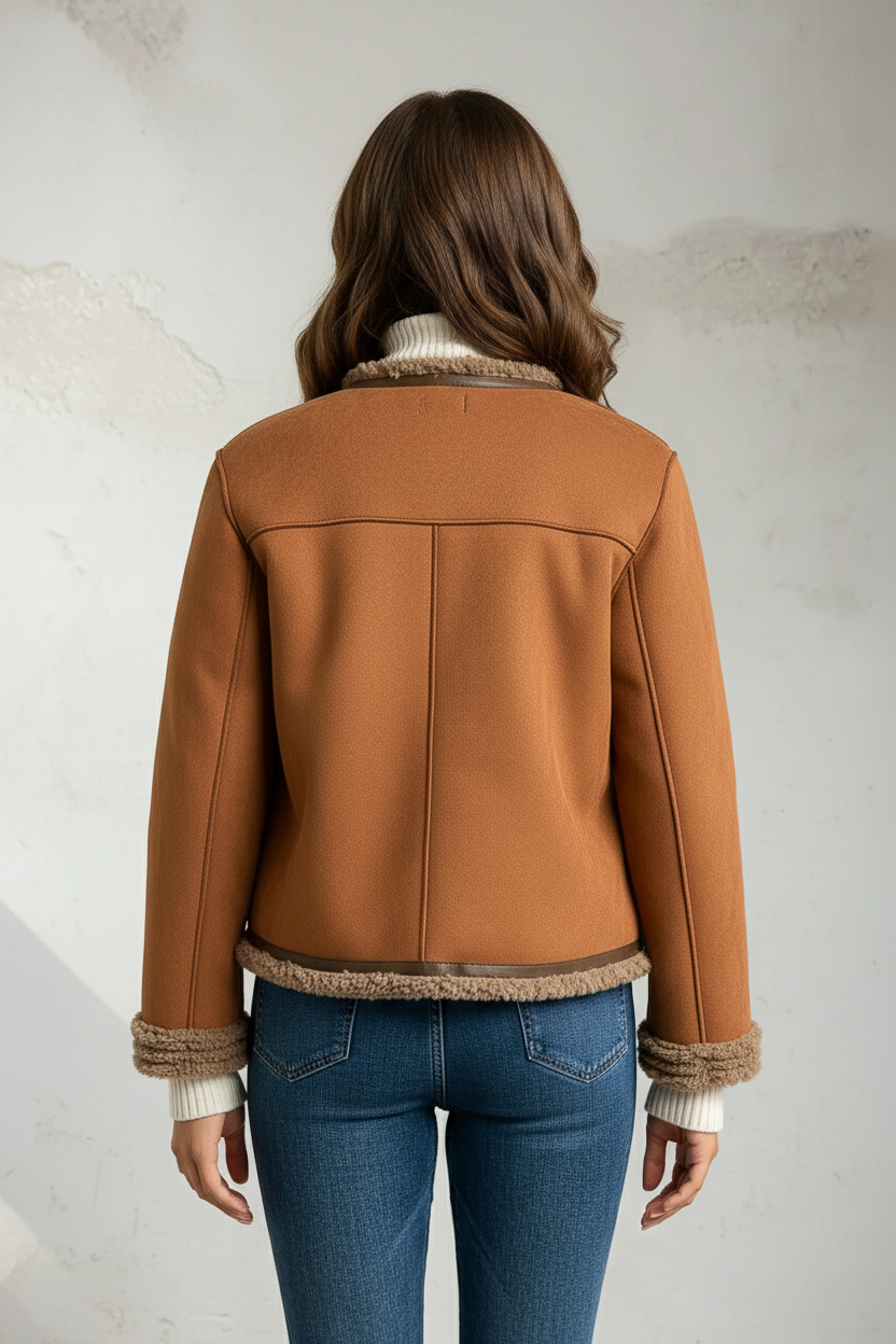 Krótka brązowa kurtka z pluszowymi wykończeniami i guziczkowym zapięciem