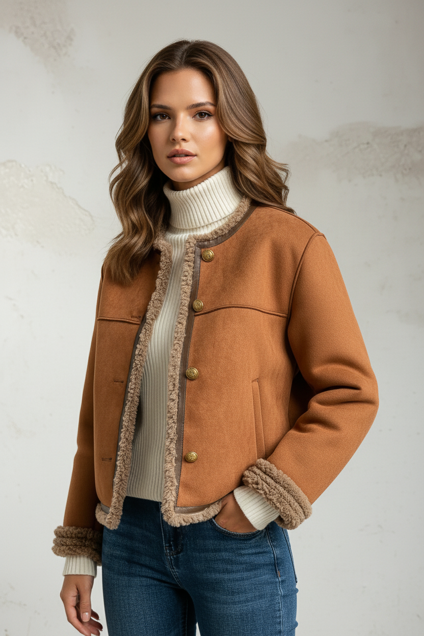 Krótka brązowa kurtka z pluszowymi wykończeniami i guziczkowym zapięciem