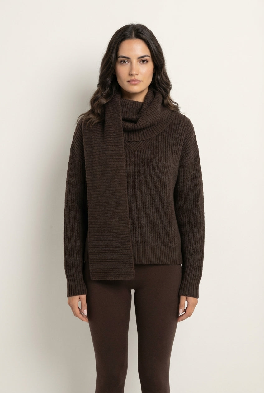 Ciemnobrązowy sweter oversize z prążkowanej dzianiny z szerokim kołnierzem i miękką peleryną