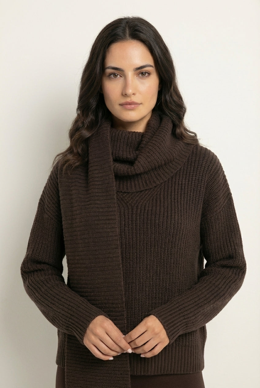 Ciemnobrązowy sweter oversize z prążkowanej dzianiny z szerokim kołnierzem i miękką peleryną