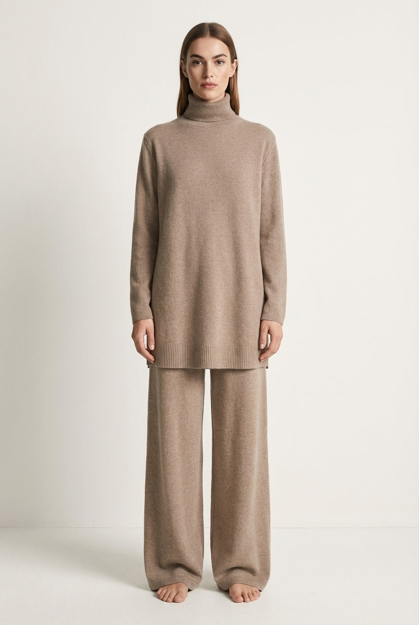 Dzianinowy komplet oversize z golfem i szerokimi spodniami