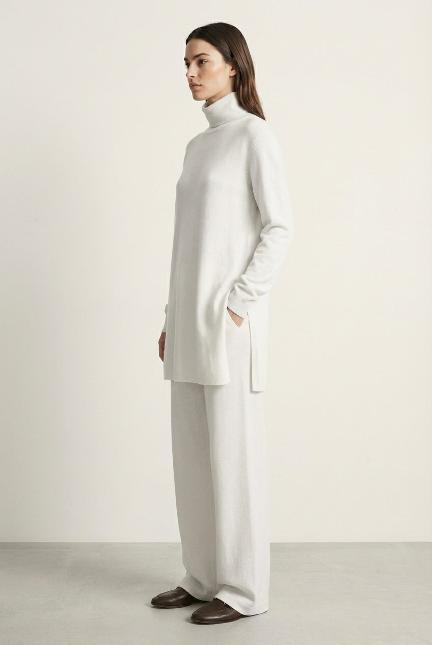 Dzianinowy komplet oversize z golfem i szerokimi spodniami