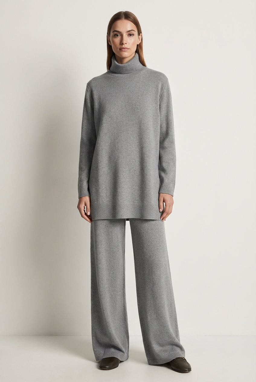 Dzianinowy komplet oversize z golfem i szerokimi spodniami