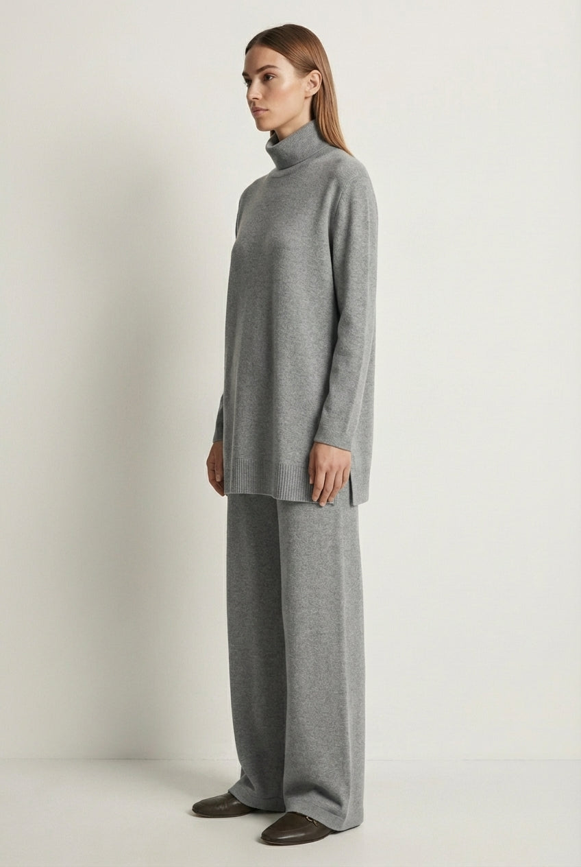 Dzianinowy komplet oversize z golfem i szerokimi spodniami