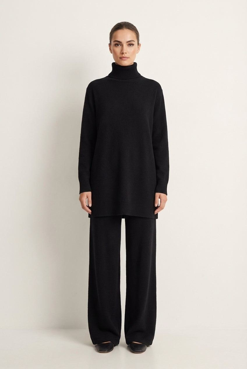 Dzianinowy komplet oversize z golfem i szerokimi spodniami