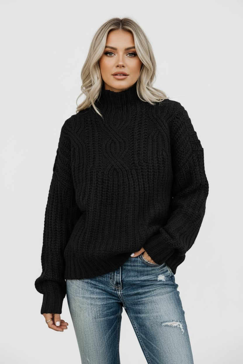 Sweter oversize z dzianiny o grubym splocie z półgolfem i długimi rękawami