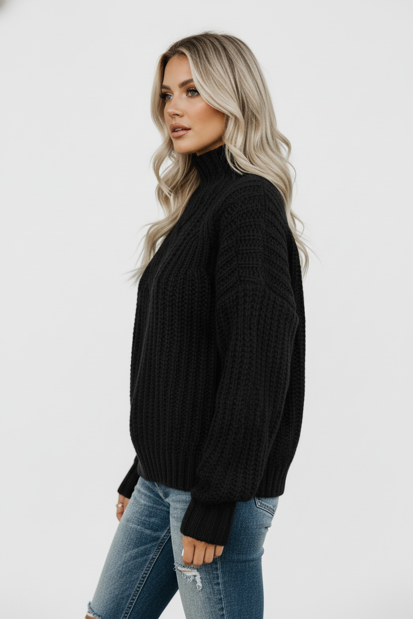 Sweter oversize z dzianiny o grubym splocie z półgolfem i długimi rękawami